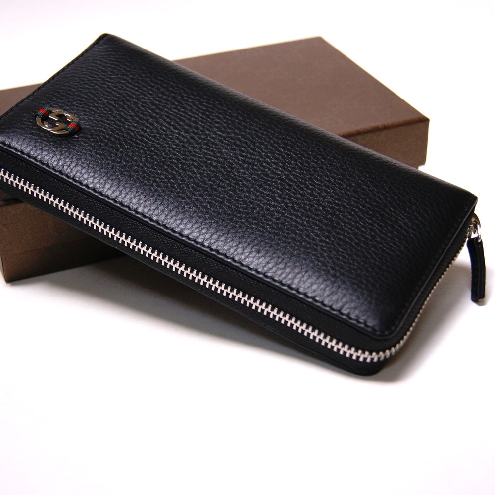 New Gucci Black Leather Zip Around GG Web Wallet Bifold